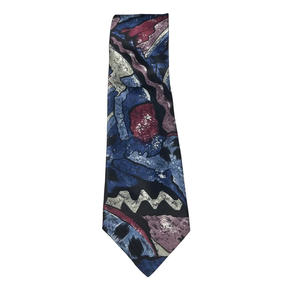 Abstract‎ Painterly Geometric Silk Handmade Italian Tie Blue Burgundy OS